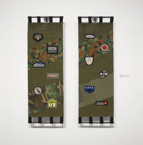 "An Abridged Sonic History of Global Conflict" - "Cold War" - Embroidery on quilted army surplus, steel pipe - 5'x6'